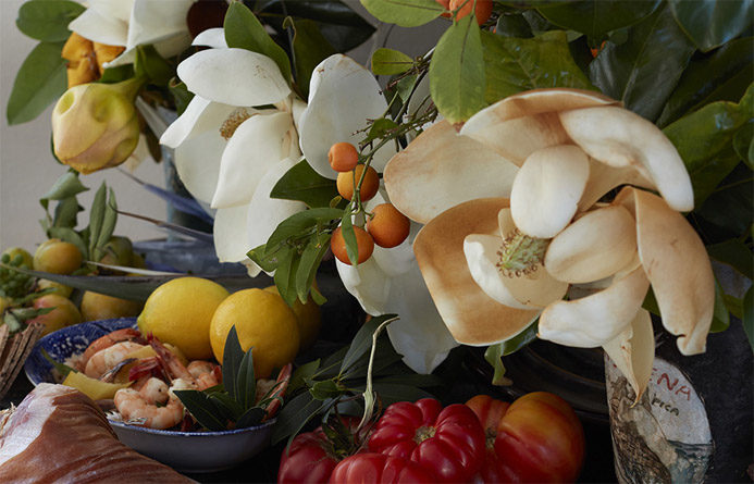 Magnolias and Food. Stock photo